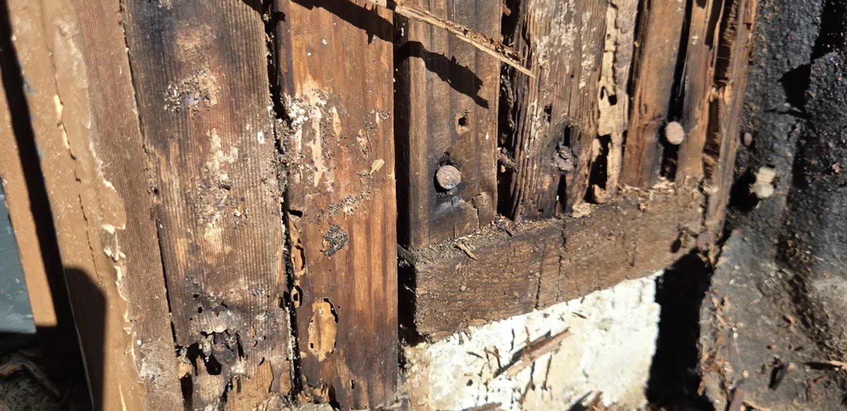 Decayed wood framing visible at an exterior wall corner